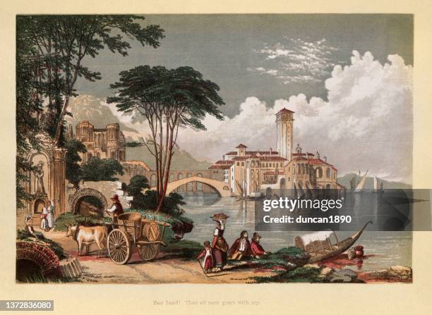 stockillustraties, clipart, cartoons en iconen met italian landscape, town on lake side, victorian art, 19th century - italiaanse etniciteit