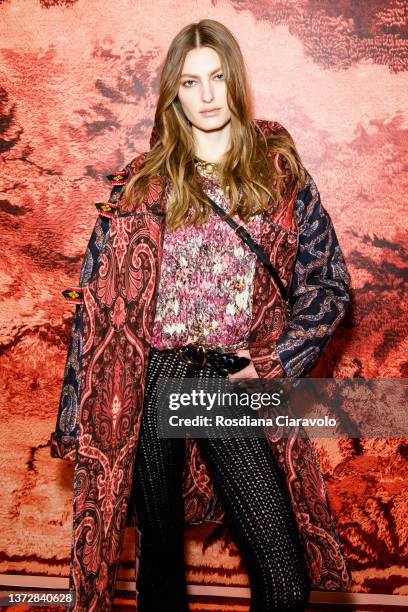 Model Felice Nova Noordhoff poses backstage of the Etro fashion show during the Milan Fashion Week Fall/Winter 2022/2023 on February 25, 2022 in...