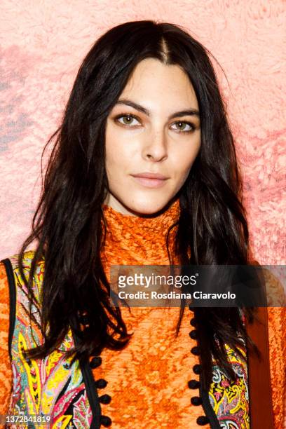 Model Vittoria Ceretti poses backstage of the Etro fashion show during the Milan Fashion Week Fall/Winter 2022/2023 on February 25, 2022 in Milan,...