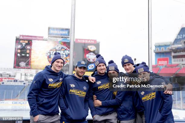 Tanner Jeannot, Luke Kunin, Colton Sissons, Matt Benning, Michael McCarron and Eeli Tolvanen of the Nashville Predators arrive for practice at Nissan...