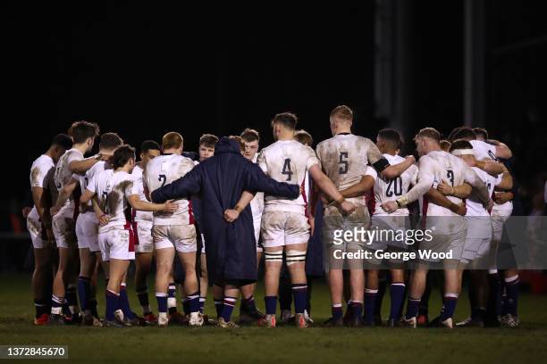 Players of England form a huddle following victory in the Under-20 Six Nations match between England U20 and Wales U20 at Castle Park on February 25,...