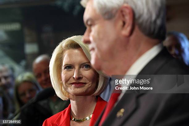 Callista Gingrich watches as her husband Republican presidential candidate, former Speaker of the House Newt Gingrich holds a town hall meeting at...