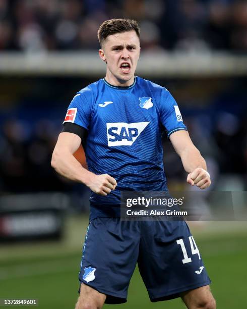 Christoph Baumgartner of TSG Hoffenheim celebrates after the final whistle during the Bundesliga match between TSG Hoffenheim and VfB Stuttgart at...