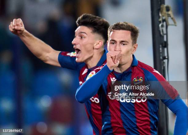 Jorge de Frutos of Levante UD celebrates after scoring his team's second goal during the LaLiga Santander match between Levante UD and Elche CF at...