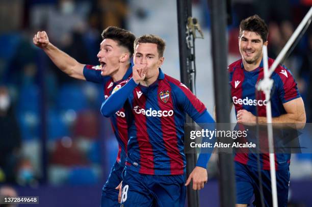 Jorge de Frutos of Levante UD celebrates after scoring his team's second goal during the LaLiga Santander match between Levante UD and Elche CF at...