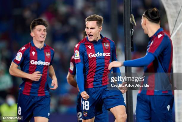 Jorge de Frutos of Levante UD celebrates after scoring his team's second goal during the LaLiga Santander match between Levante UD and Elche CF at...