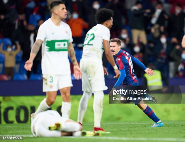 Jorge de Frutos of Levante UD celebrates after scoring his team's second goal during the LaLiga Santander match between Levante UD and Elche CF at...