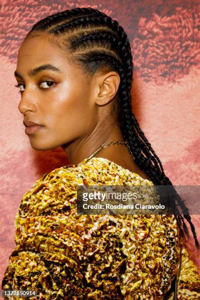 Model Sacha Quenby poses backstage of the Etro fashion show during the Milan Fashion Week Fall/Winter 2022/2023 on February 25, 2022 in Milan, Italy.