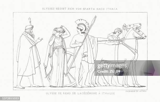 ulysses departing from lacedaemon for ithaca, with his bride penelope - sparta greece stock illustrations