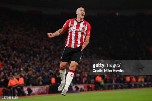 Oriol Romeu of Southampton celebrates after scoring their team's second goal during the Premier League match between Southampton and Norwich City at...