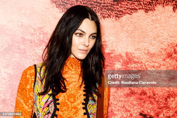 Model Vittoria Ceretti poses backstage of the Etro fashion show during the Milan Fashion Week Fall/Winter 2022/2023 on February 25, 2022 in Milan,...
