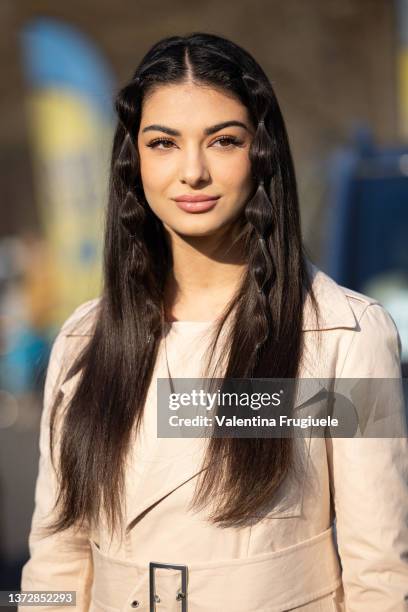 Elisa Maino poses ahead of the Tod's fashion show during the Milan Fashion Week Fall/Winter 2022/2023 on February 25, 2022 in Milan, Italy.