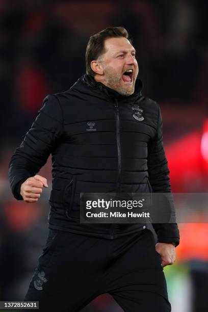 Ralph Hasenhuettl, Manager of Southampton celebrates following their side's victory in the Premier League match between Southampton and Norwich City...