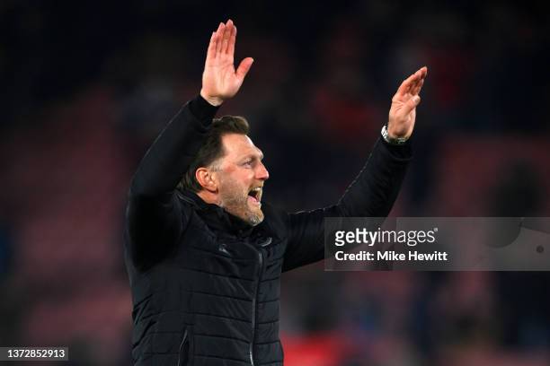 Ralph Hasenhuettl, Manager of Southampton celebrates following their side's victory in the Premier League match between Southampton and Norwich City...