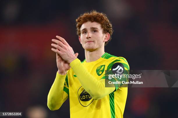 Josh Sargent of Norwich City applauds fans as he looks dejected following their side's defeat in the Premier League match between Southampton and...