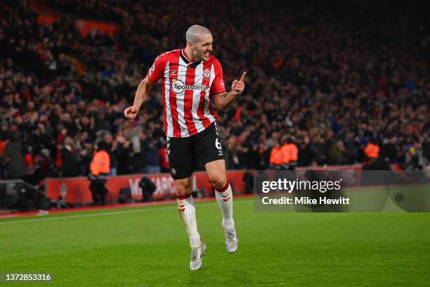 Oriol Romeu of Southampton celebrates after scoring their team's second goal during the Premier League match between Southampton and Norwich City at...