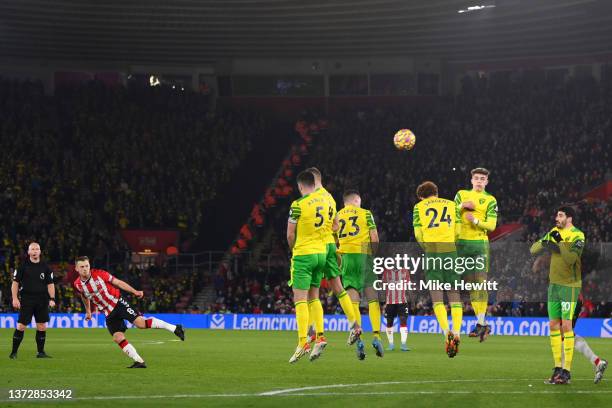 James Ward-Prowse of Southampton hits a free-kick over the crossbar during the Premier League match between Southampton and Norwich City at St Mary's...