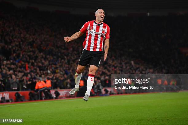 Oriol Romeu of Southampton celebrates after scoring their team's second goal during the Premier League match between Southampton and Norwich City at...