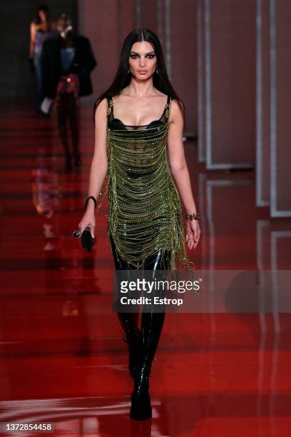 Emily Ratajkowski walks the runway at the Versace fashion show during the Milan Fashion Week Fall/Winter 2022/2023 on February 25, 2022 in Milan,...