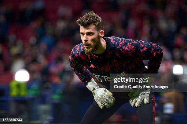 David de Gea of Manchester United warming up prior the game during the UEFA Champions League Round Of Sixteen Leg One match between Atletico Madrid...
