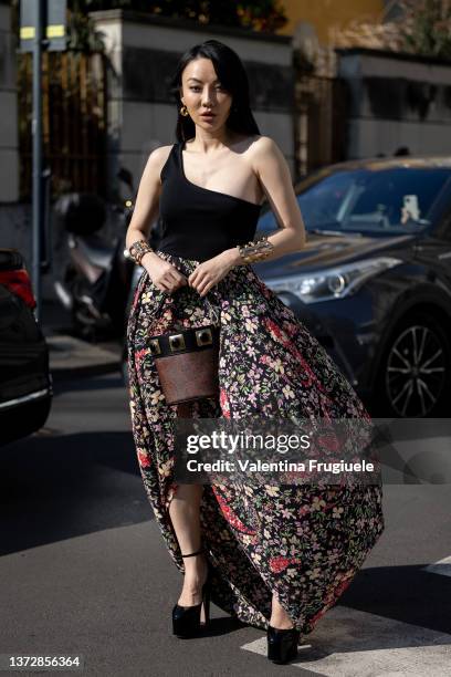 Jessica Wang is seen ahead of the Etro fashion show during the Milan Fashion Week Fall/Winter 2022/2023 on February 25, 2022 in Milan, Italy.