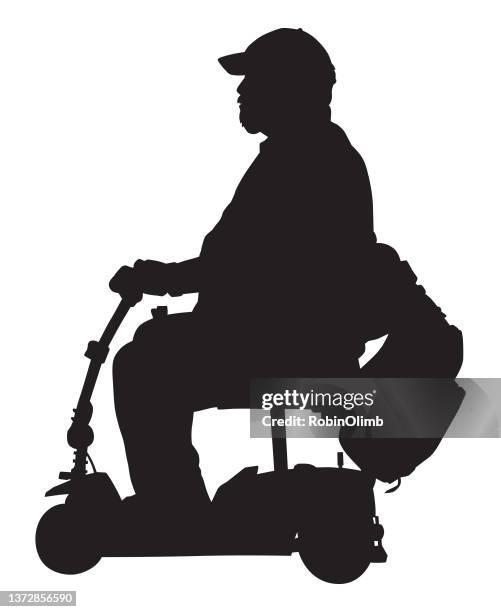 stockillustraties, clipart, cartoons en iconen met man riding sit down scooter - mobility scooters