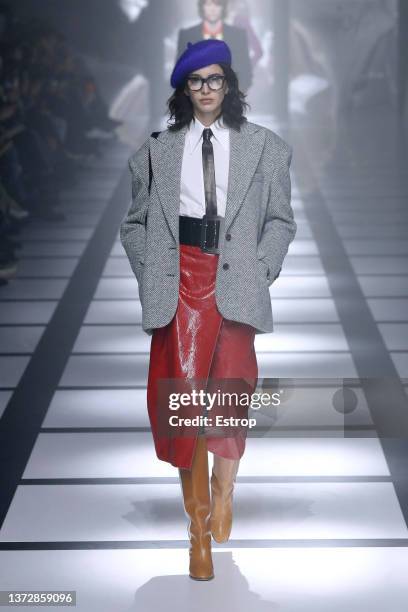 Model walks the runway at the Gucci fashion show during the Milan Fashion Week Fall/Winter 2022/2023 on February 25, 2022 in Milan, Italy.