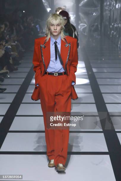Model walks the runway at the Gucci fashion show during the Milan Fashion Week Fall/Winter 2022/2023 on February 25, 2022 in Milan, Italy.