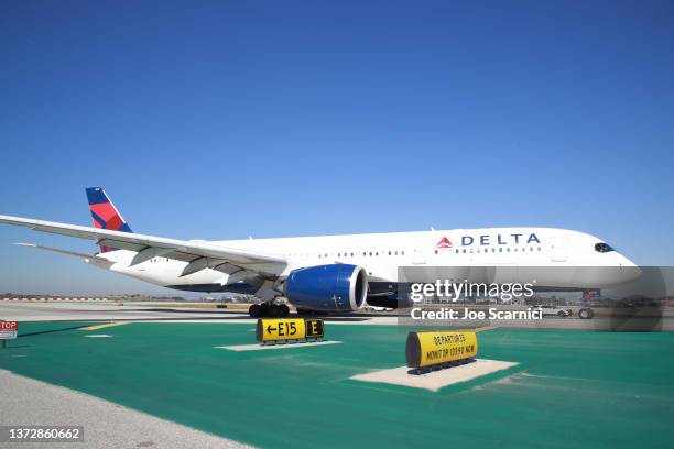 General view of the Team USA Delta Airlines Flight as Team USA departs For Beijing 2022 Winter Paralympic Games at Los Angeles International Airport...