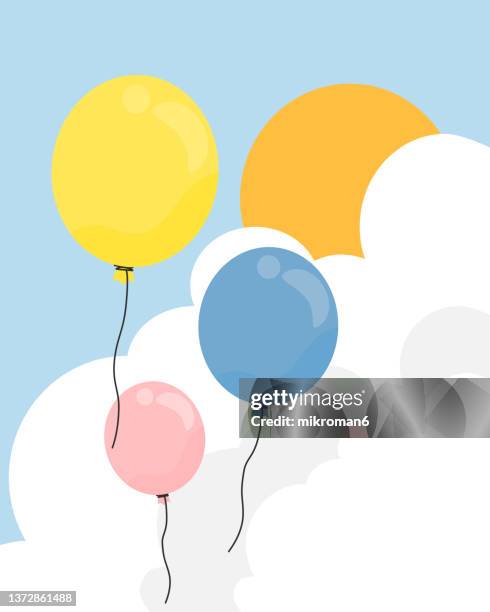 illustration of balloons flying high in the sky above the clouds. - birthday cartoon stock-fotos und bilder