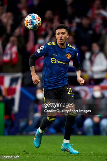 Sancho of Manchester United in action during the UEFA Champions League Round Of Sixteen Leg One match between Atletico Madrid and Manchester United...