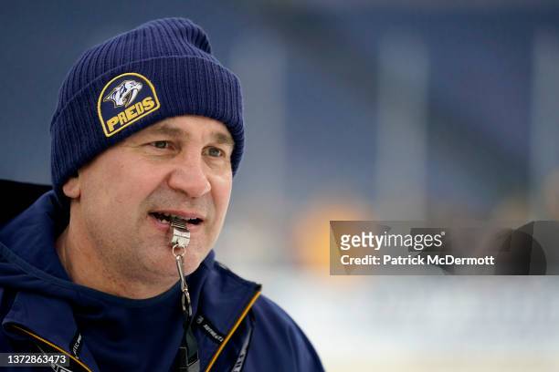 Assistant coach Todd Richards of the Nashville Predators looks on during practice at Nissan Stadium on February 25, 2022 in Nashville, Tennessee.
