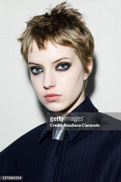 Sylwia Kuta poses backstage of the Sportmax fashion show during the Milan Fashion Week Fall/Winter 2022/2023 on February 25, 2022 in Milan, Italy.