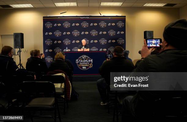 Head coach John Hynes of the Nashville Predators attends a press conference after practice at Nissan Stadium on February 25, 2022 in Nashville,...