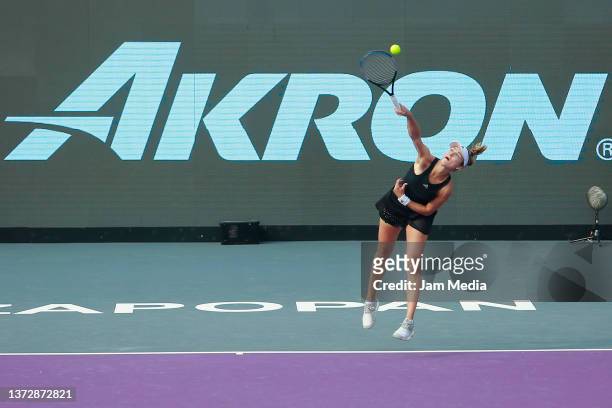 Anna Kalinskaya of Russia serves during a match between Anna Kalinskaya of Russia and Camila Osorio of Colombia as part of day 5 of the AKRON WTA...