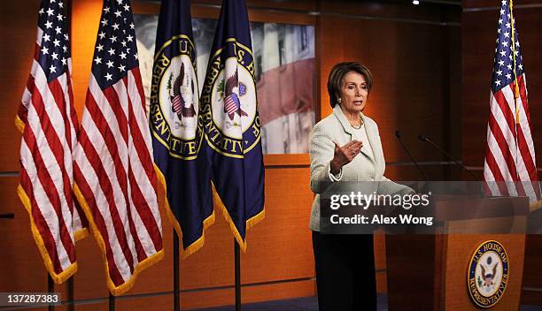 House Minority Leader Rep. Nancy Pelosi speaks during a news conference January 18, 2012 on Capitol Hill in Washington, DC. Pelosi discussed on...