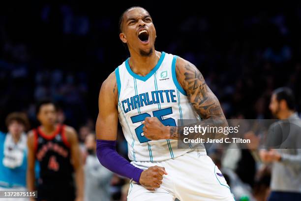 Washington of the Charlotte Hornets reacts after a successful shot in the second quarter of the game against the Toronto Raptors at Spectrum Center...