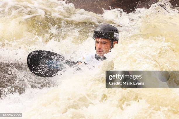 Lucien Delfour of Australia competes in the Mens Kayak single final during the 2022 Canoe Slalom Australian Open at Penrith Whitewater Stadium on...