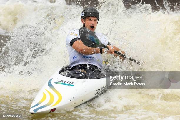 Lucien Delfour of Australia competes in the Mens Kayak single final during the 2022 Canoe Slalom Australian Open at Penrith Whitewater Stadium on...
