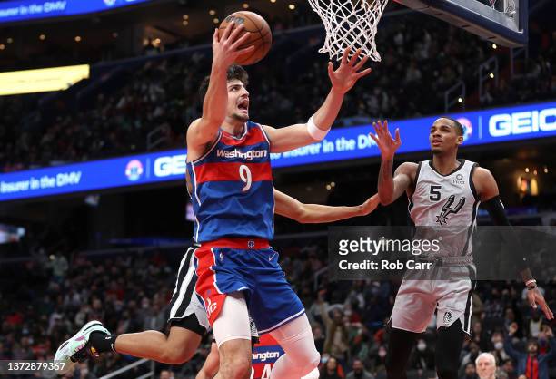 Deni Avdija of the Washington Wizards shoots a basket during the fourth quarter against the San Antonio Spurs at Capital One Arena on February 25,...