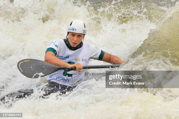 Noemie Fox of Australia competes in the Womens Kayak Single Final during the 2022 Canoe Slalom Australian Open at Penrith Whitewater Stadium on...