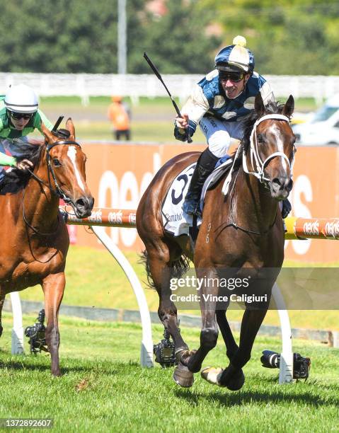 John Allen riding Sierra Sue winning Race 6, the Lamaro's Hotel Futurity Stakes, during Melbourne Racing at Caulfield Racecourse on February 26, 2022...