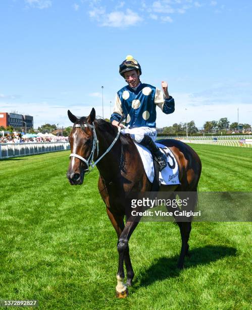 John Allen riding Sierra Sue after winning Race 6, the Lamaro's Hotel Futurity Stakes, during Melbourne Racing at Caulfield Racecourse on February...