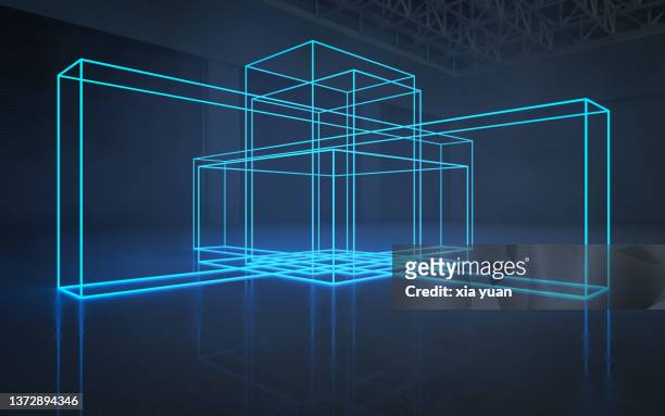abstract blue neon lights geometric shape background - cage ストックフォトと画像