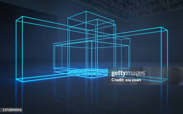 abstract blue neon lights geometric shape background - glowing cube stock pictures, royalty-free photos & images