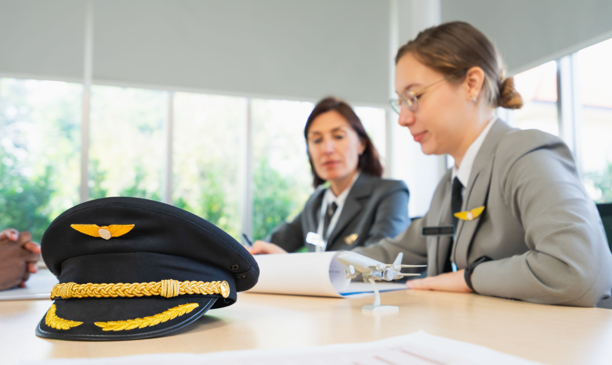 Selective focus at pilot hat on table and working women of airline at background in meeting room. Business group meeting or job interview in airline Selective focus at pilot hat on table and working women of airline at background in meeting room. Business group meeting or job interview in airline