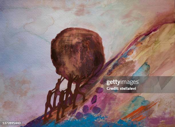 illustrazioni stock, clip art, cartoni animati e icone di tendenza di un gruppo di persone che spinge una grande roccia in salita - spingere