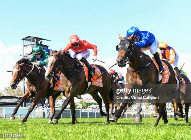 Mark Zahra riding Daumier winning Race 7, the Neds Blue Diamond Stakes, during Melbourne Racing at Caulfield Racecourse on February 26, 2022 in...