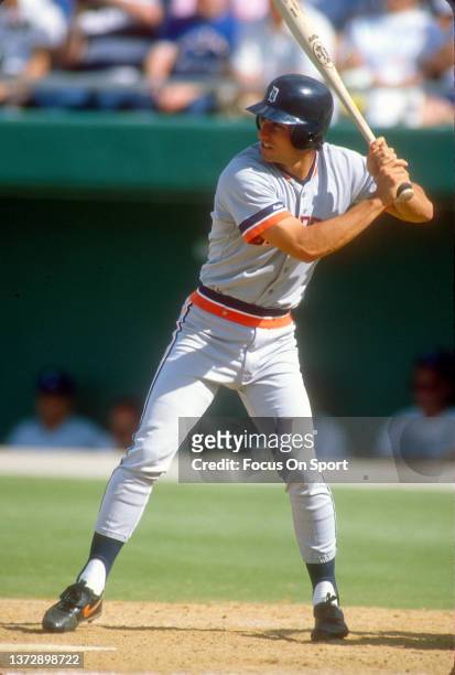 Torey Lovullo of the Detroit Tigers bats against the Kansas City Royals during an Major League Baseball spring training game circa 1988 at Baseball...