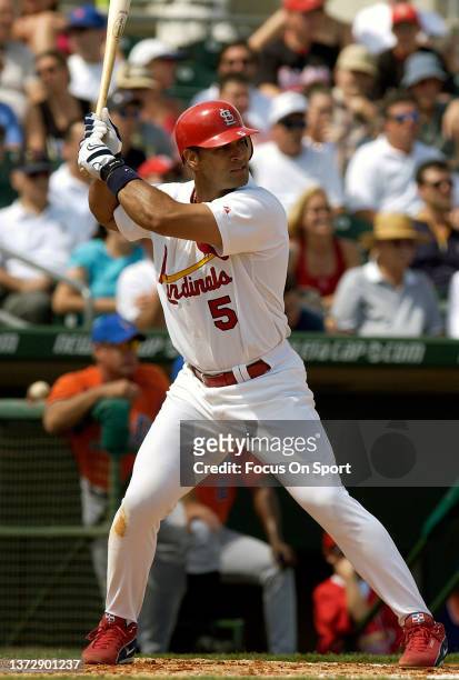 Albert Pujols of the St. Louis Cardinals bats during a Major League Baseball spring training game on March 4, 2004 at Roger Dean Stadium in Jupiter,...
